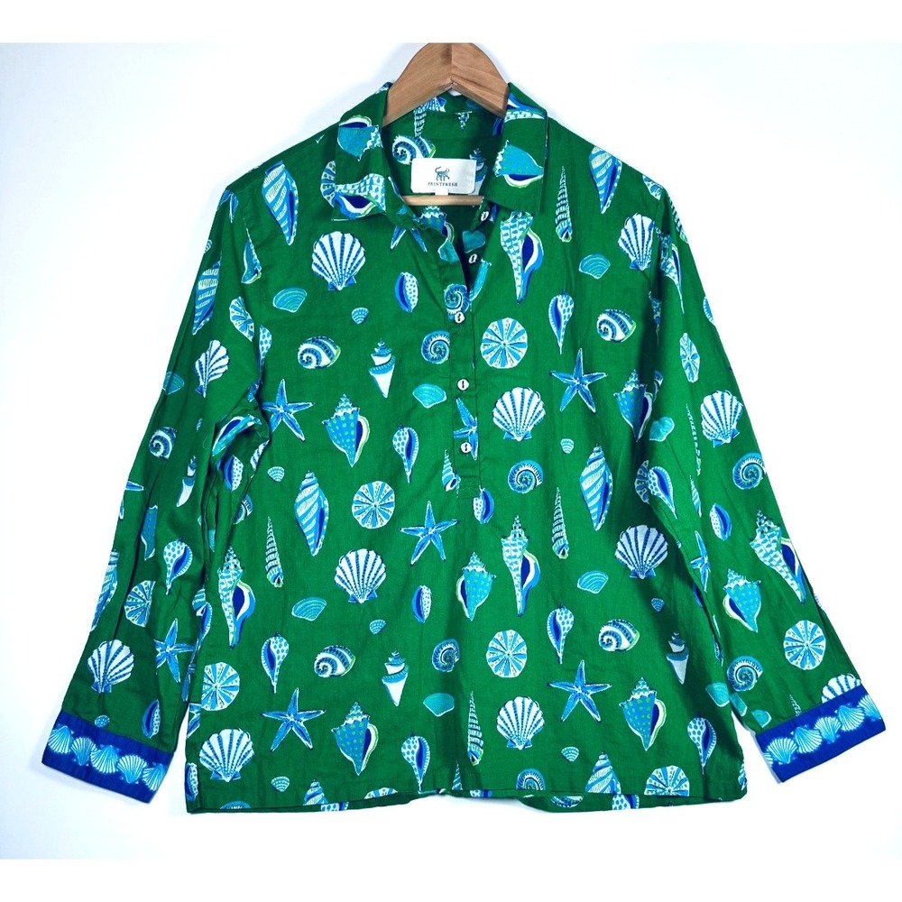 Printfresh Blouse Womens Medium Green Seashell‎ Organic Cotton Popover Coastal